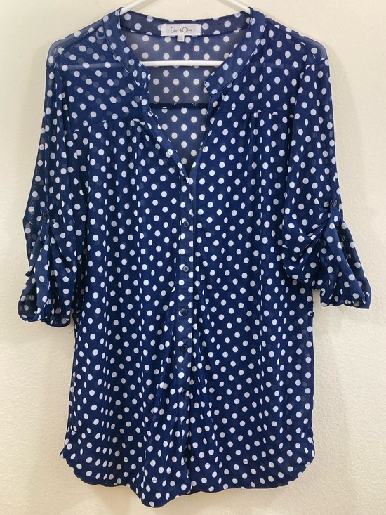 Eden & Olivia Tops - Eden & Olivia Sheer Polka Dot Blouse Size XL Blue White Roll Tab Top